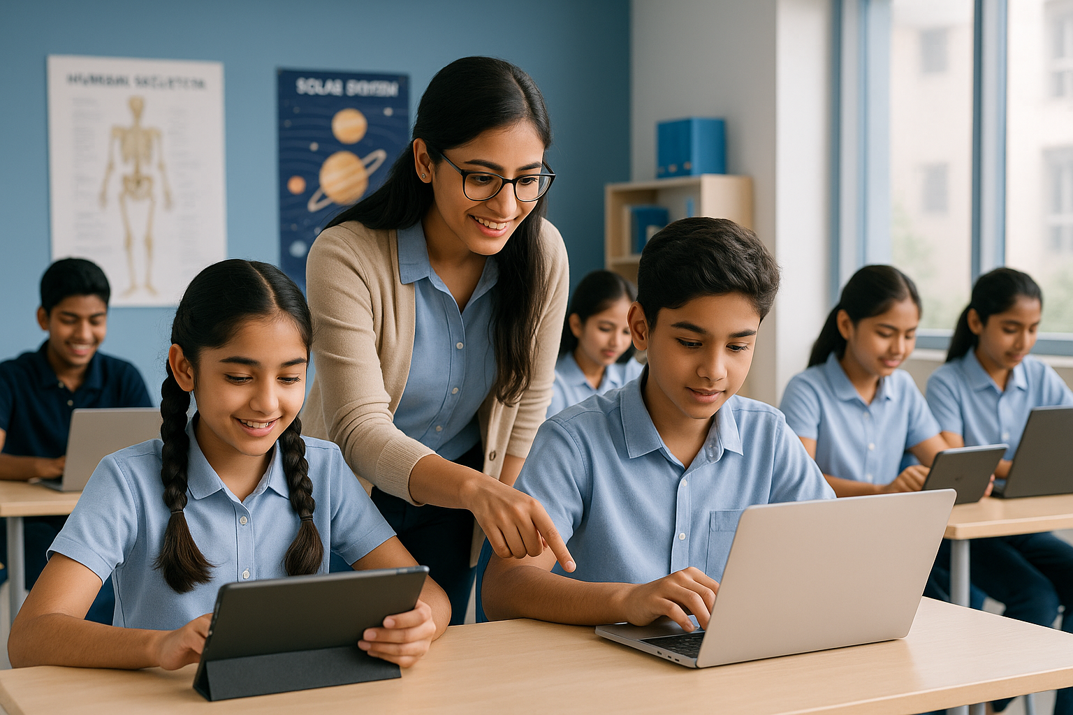 Indian students using digital learning technology in modern classroom