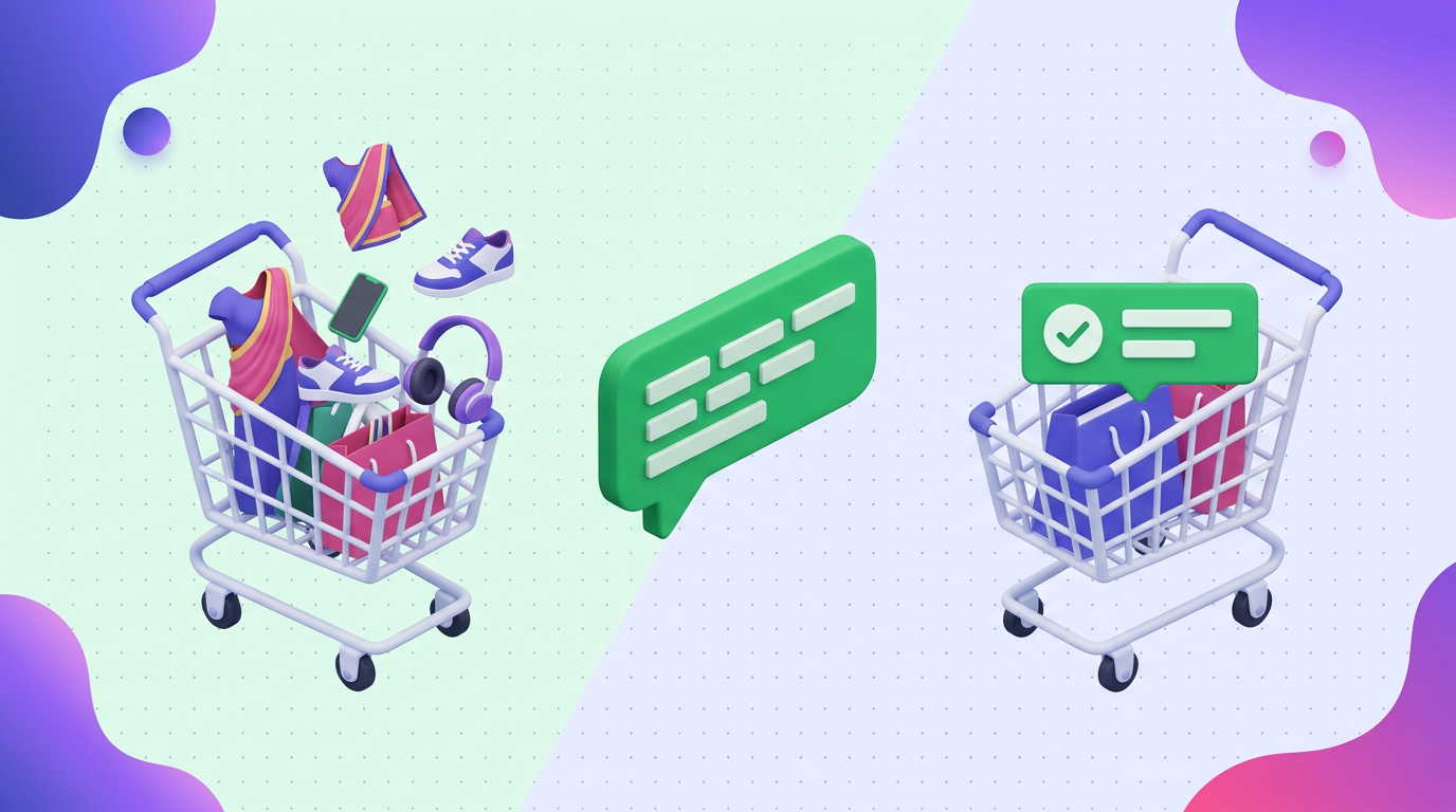 Three-panel storyboard of a forgotten cart recovered through a timely WhatsApp message and successful checkout