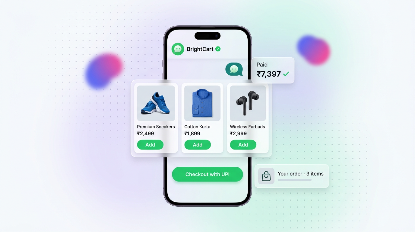 WhatsApp catalog showing three Indian products with in-chat UPI payment checkout