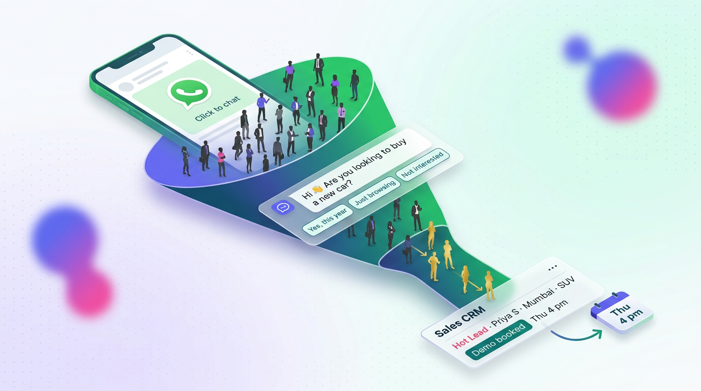 WhatsApp lead qualification funnel from click-to-chat ad down to a CRM with booked sales demo