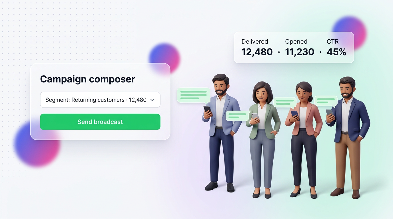 Marketing campaign composer broadcasting WhatsApp messages to a cluster of smiling Indian smartphone users