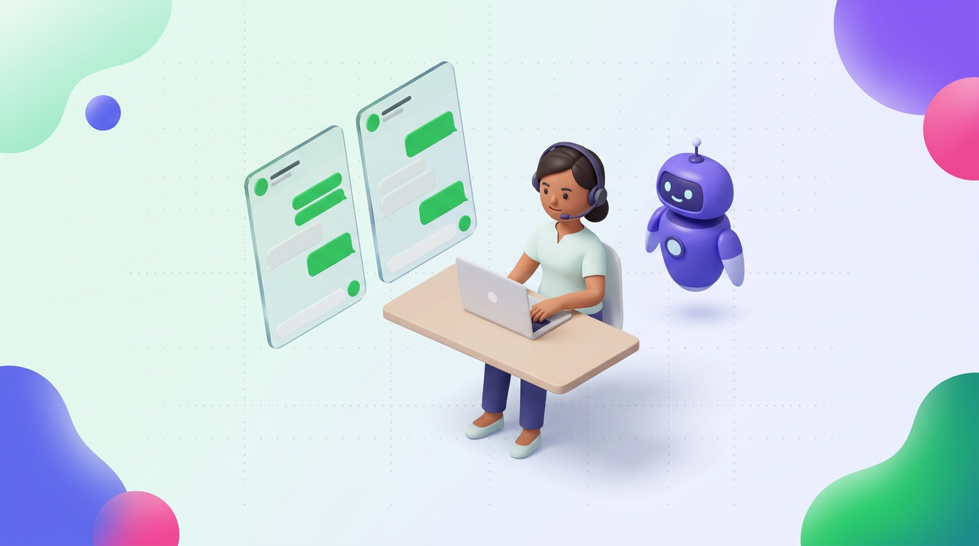 AI chatbot handing off a customer support chat to a human agent in a dual-monitor support dashboard
